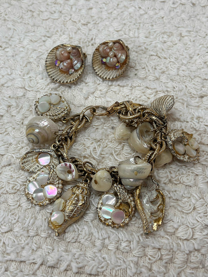 Vintage shell charm bracelet w/ earrings