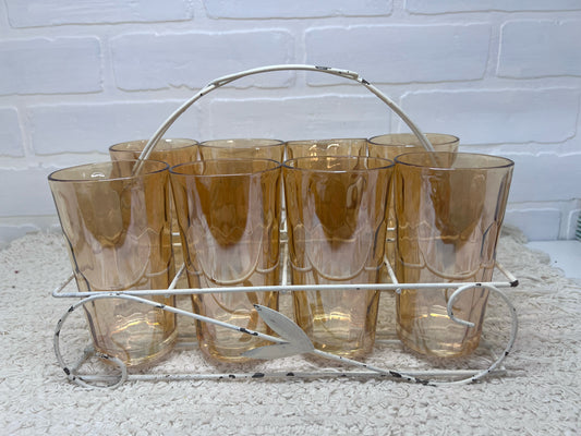 Jeannette Glass Glass set 8 orange glasses in caddy