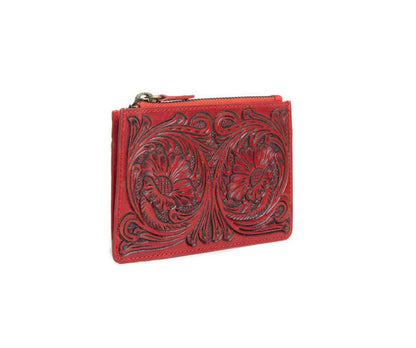 Myra Bag Bloom on the Range Credit Card Wallet in Scarlet – Women’s Embossed Floral Genuine Leather Wallet with Card Slots & Zippered Compartment, 5.5"x3.5"