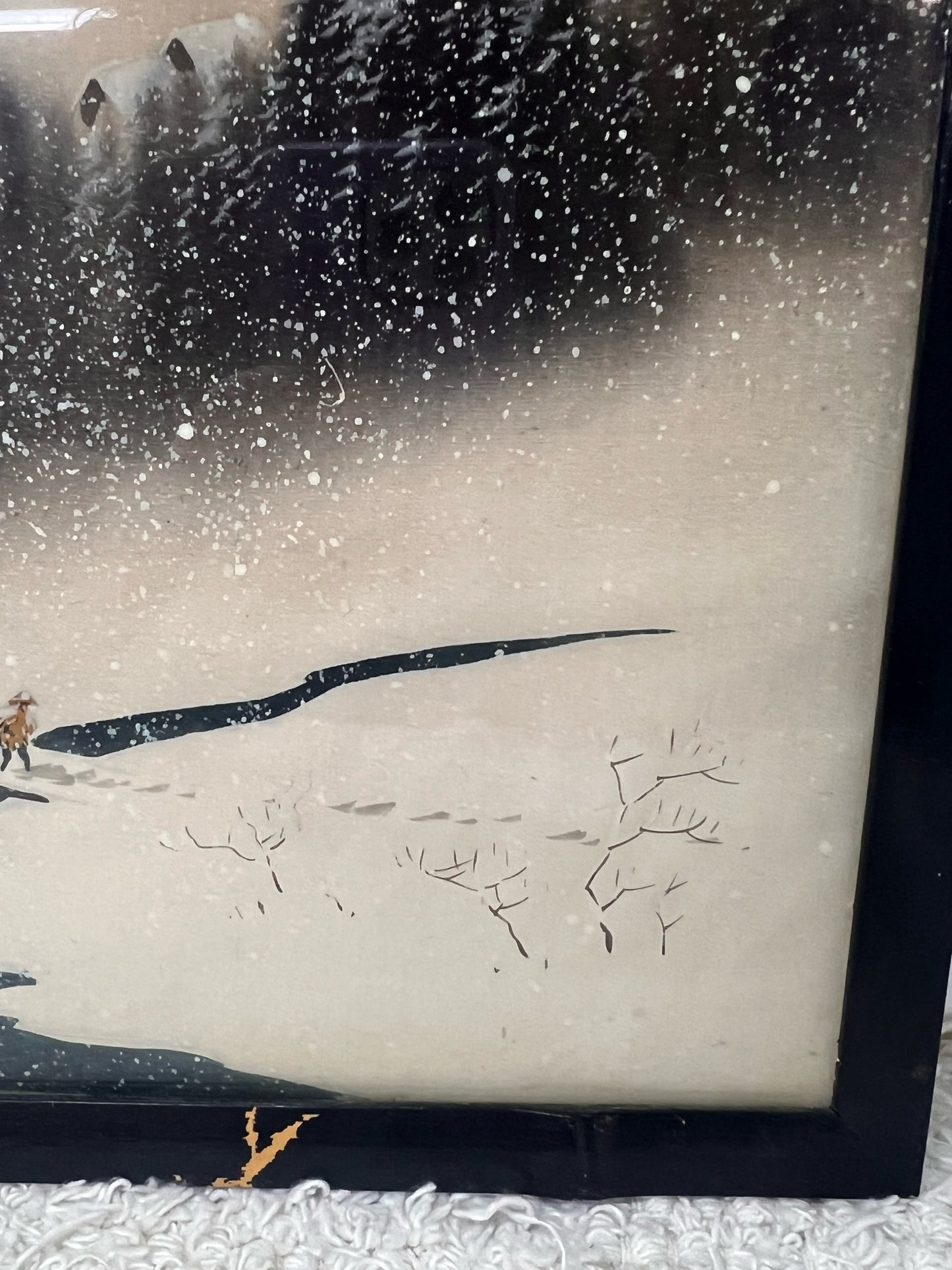 Vintage Framed Painting on Silk - Japanese Snowy Mountain Scene