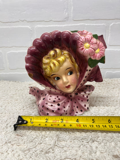 Ucagco Japan Vintage Lady Head Vase Southern Belle Pink Polka Dot