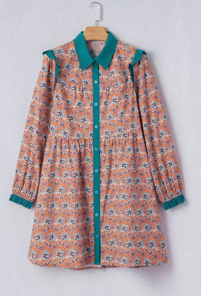 Orange Floral Contrast Collared Shirt Mini Dress