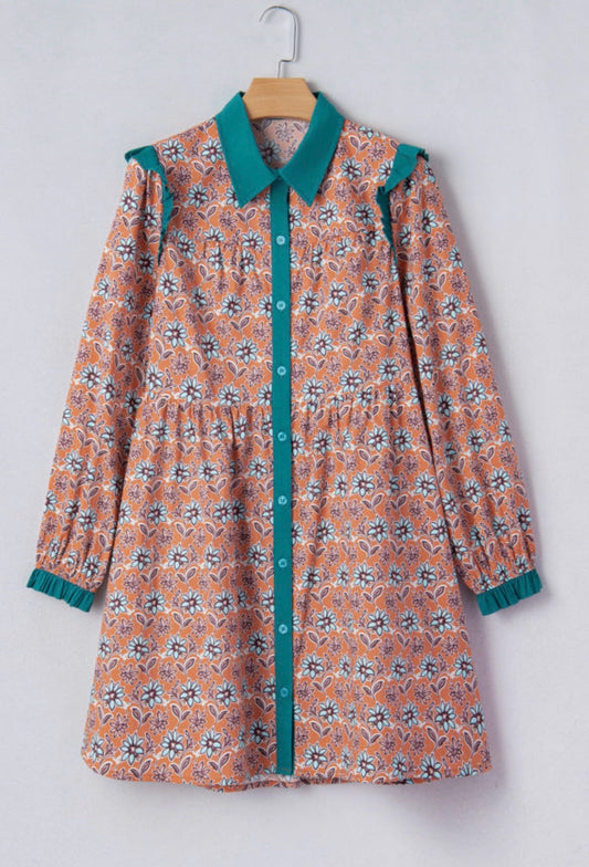 Orange Floral Contrast Collared Shirt Mini Dress