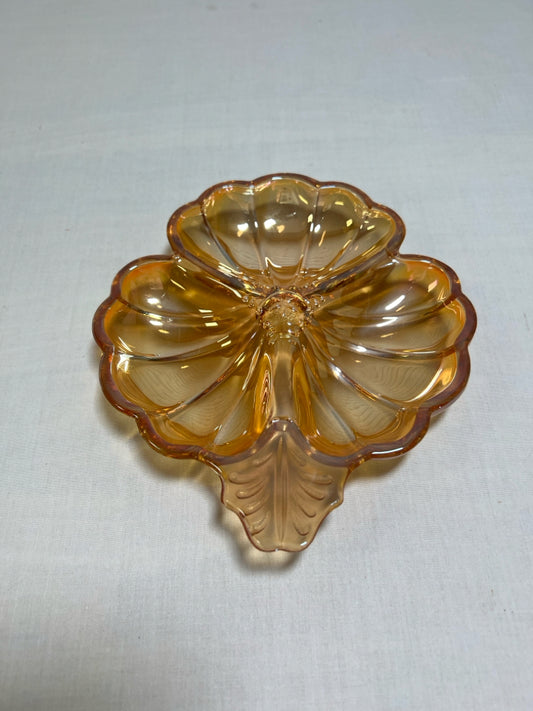 Jeannette Glass orange irridescent clover shaped dish