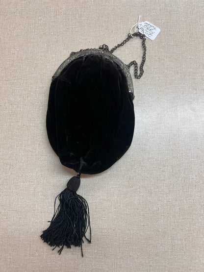 Vintage Black Velvet Tassel Purse with Ornate Silvertone Frame & Chain Handle