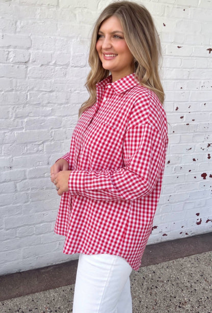 Red Plaid Button Down Tunic Top