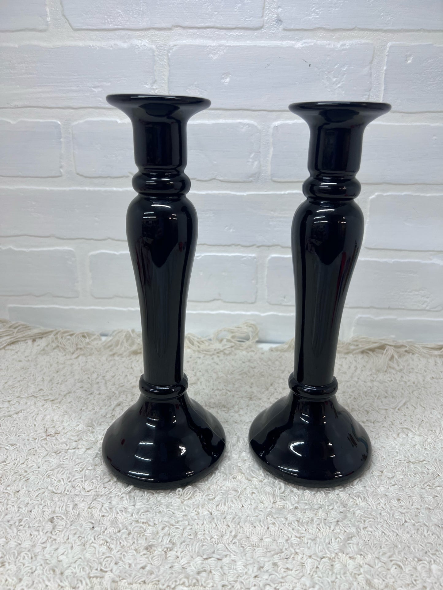 Vintage Black Art Glass Taper Candle Holders 10"