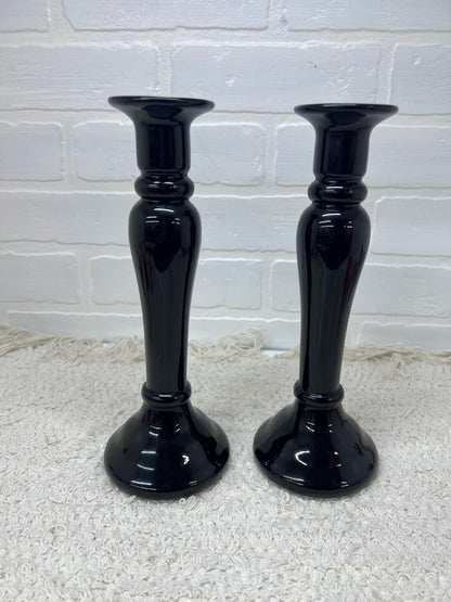 Vintage Black Art Glass Taper Candle Holders 10"