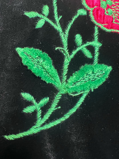 Plaza 9 Circa 1970's Black Velour Robe w/ Floral Embroidery