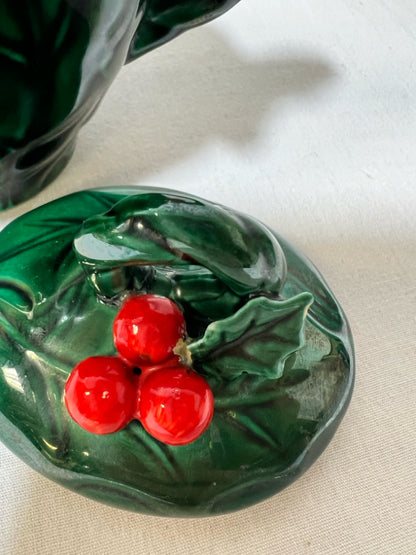 Lefton holly Christmas green sugar bowl