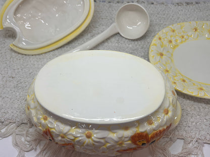 Vintage Covered Tureen with Underplate & Ladle - Daisies & Butterflies
