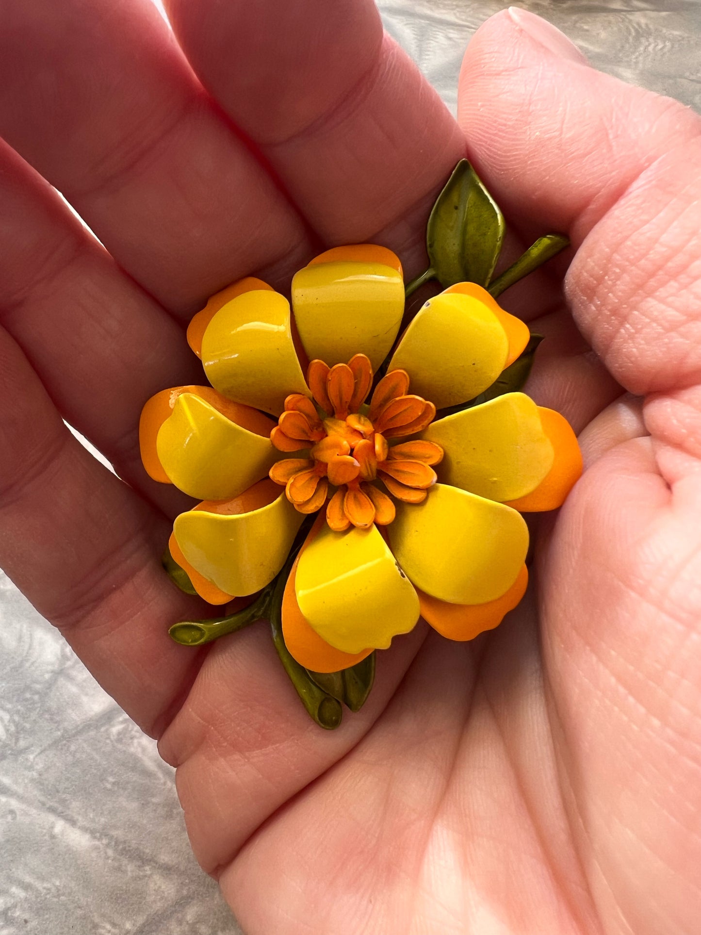 Vintage Orange & Yellow Enamel Flower Pin