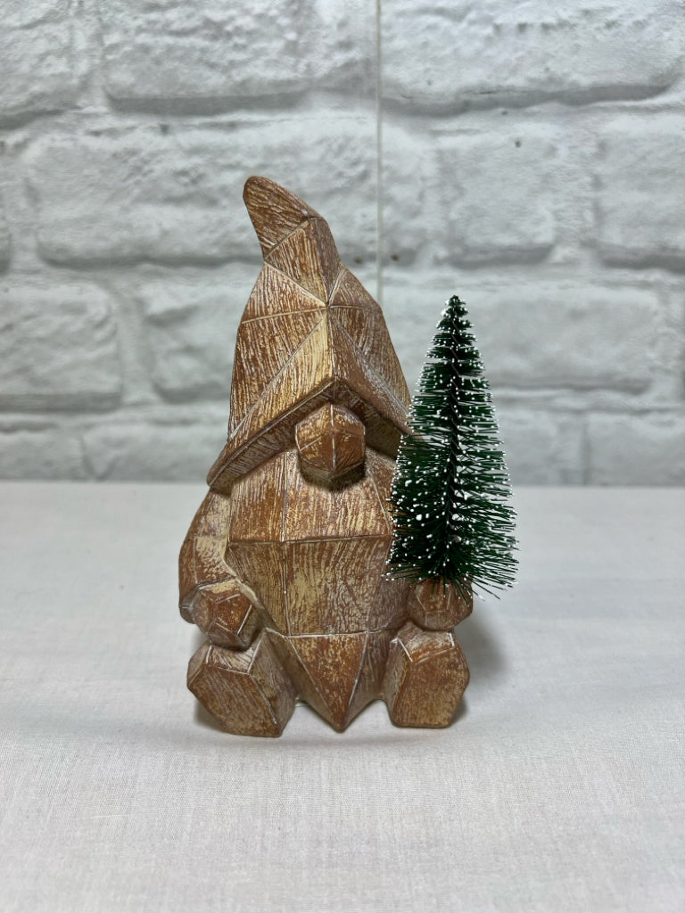 Faux wood carved gnome w/ bottlebrush tree