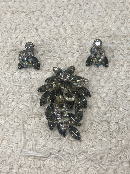 Vintage smoky glass stone/AB rhinestone pin & earrings set