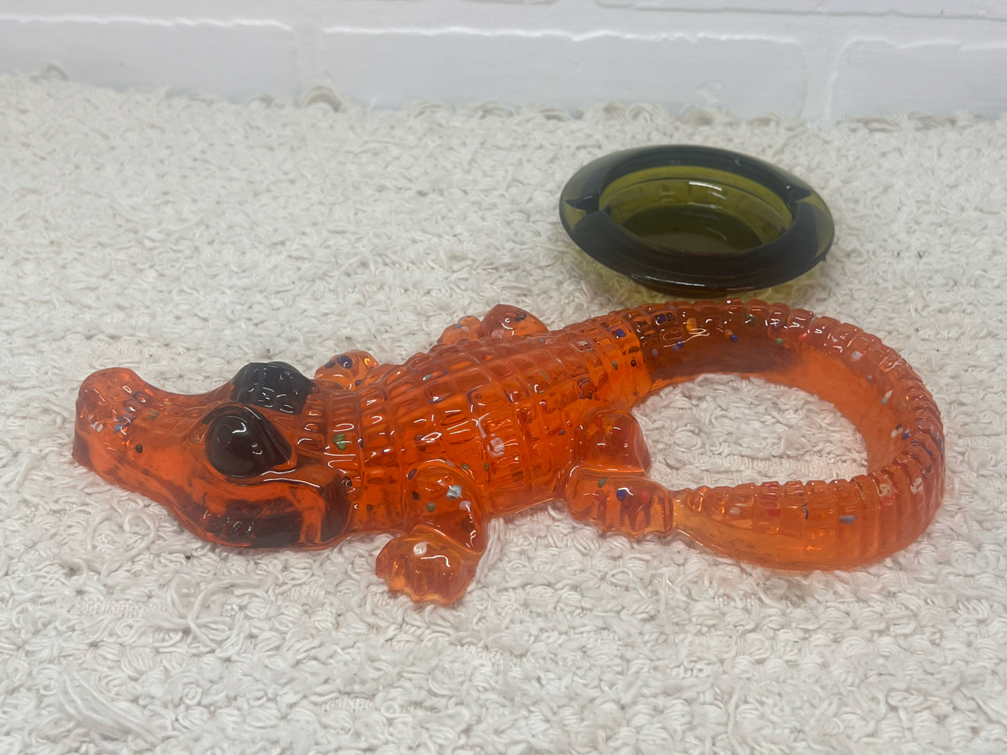 Vintage Lucite Alligator Ashtray - Orange Lucite with Green Glass Insert