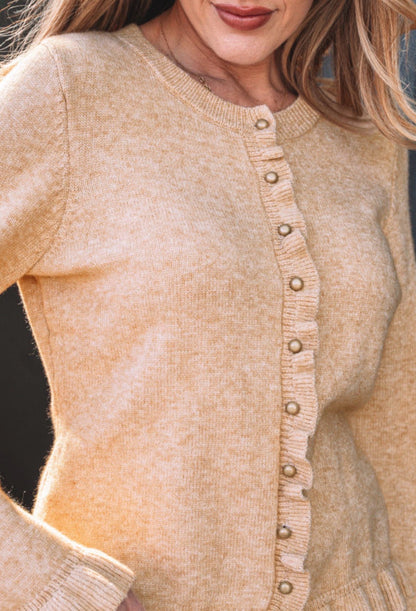 Oatmeal Ruffle Trim Gold Button Cardigan Sweater