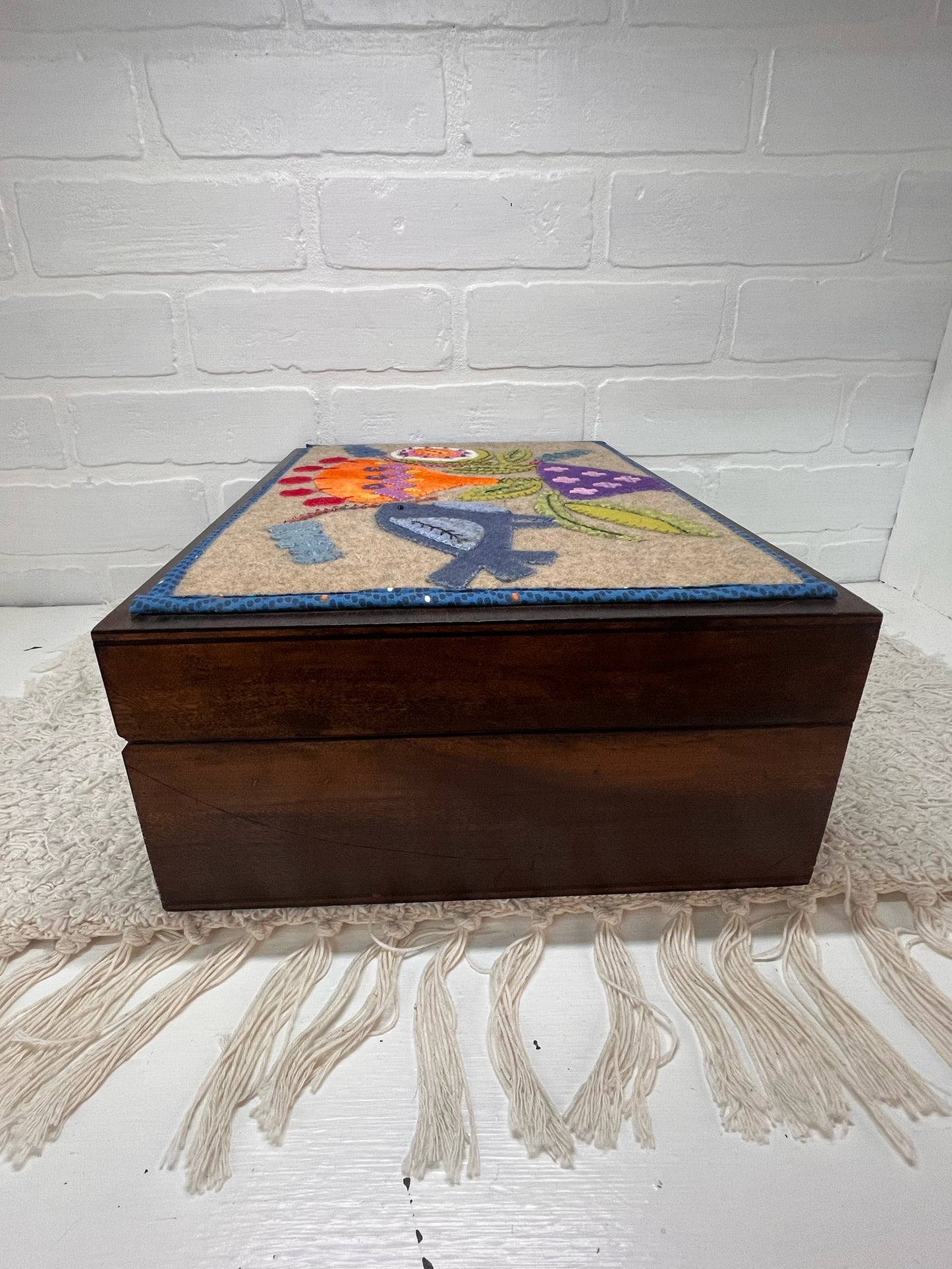 Vintage Custom Wood Sewing Box with Felt Top Bird/Floral Design