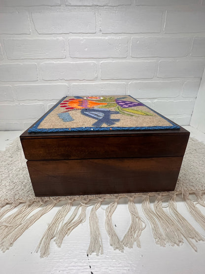 Vintage Custom Wood Sewing Box with Felt Top Bird/Floral Design