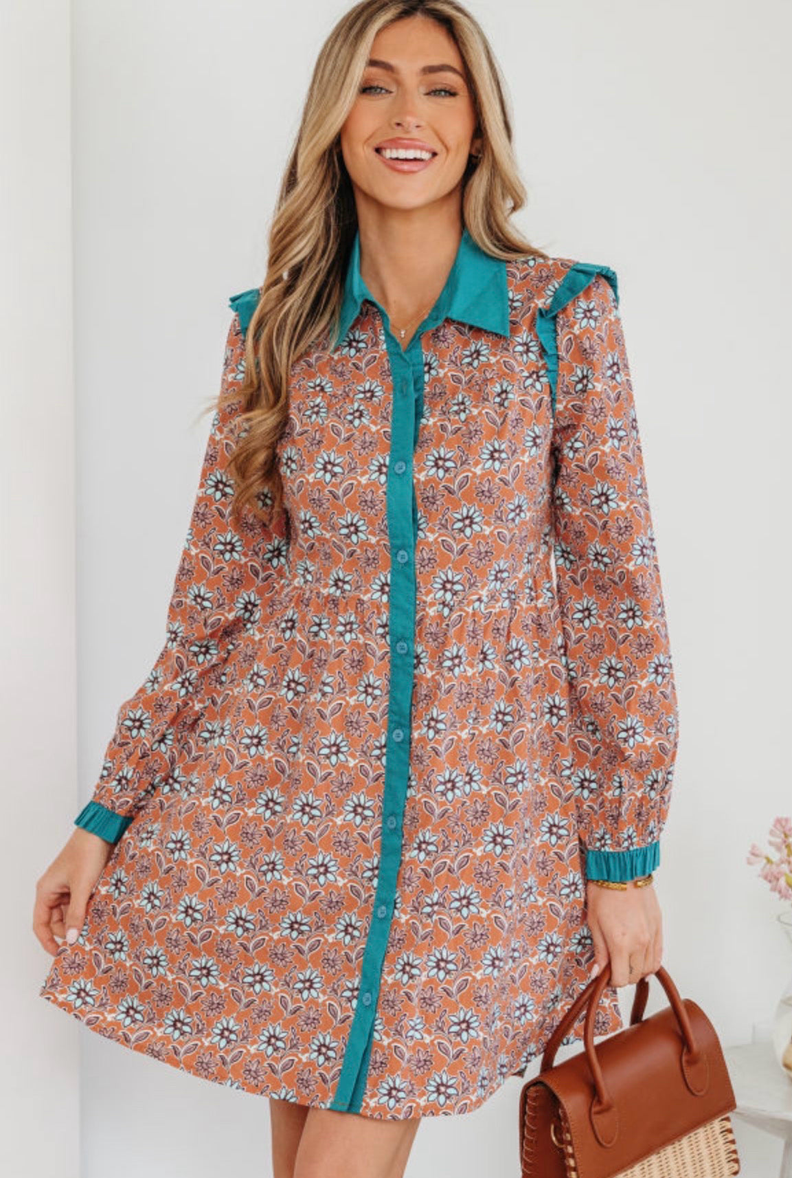 Orange Floral Contrast Collared Shirt Mini Dress