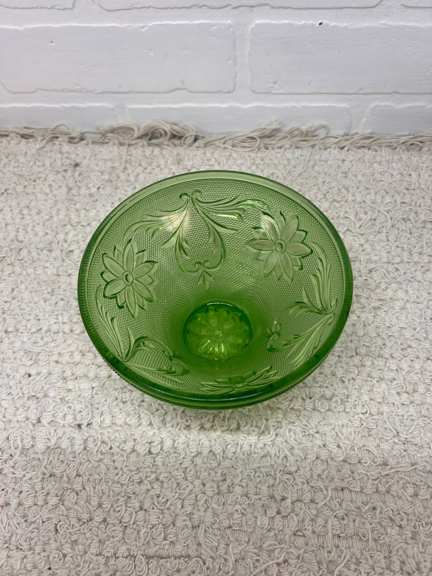 Vintage Uranium Glass Pressed Glass Floral Footed Bowl