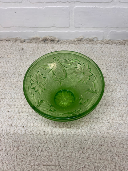 Vintage Uranium Glass Pressed Glass Floral Footed Bowl