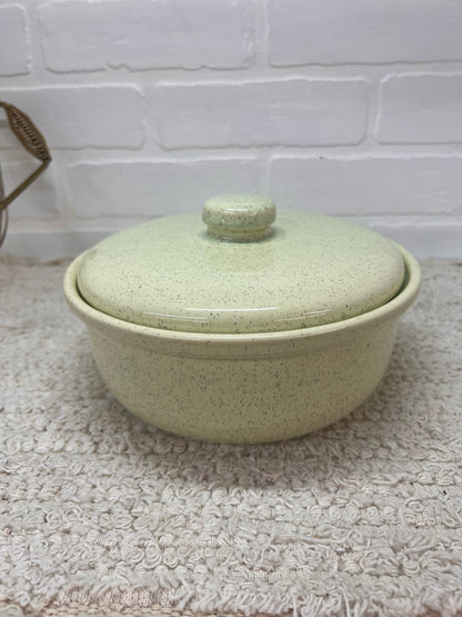 California Pottery MCM Mint Green Speckled Lidded Casserole Dish in Brass Caddy