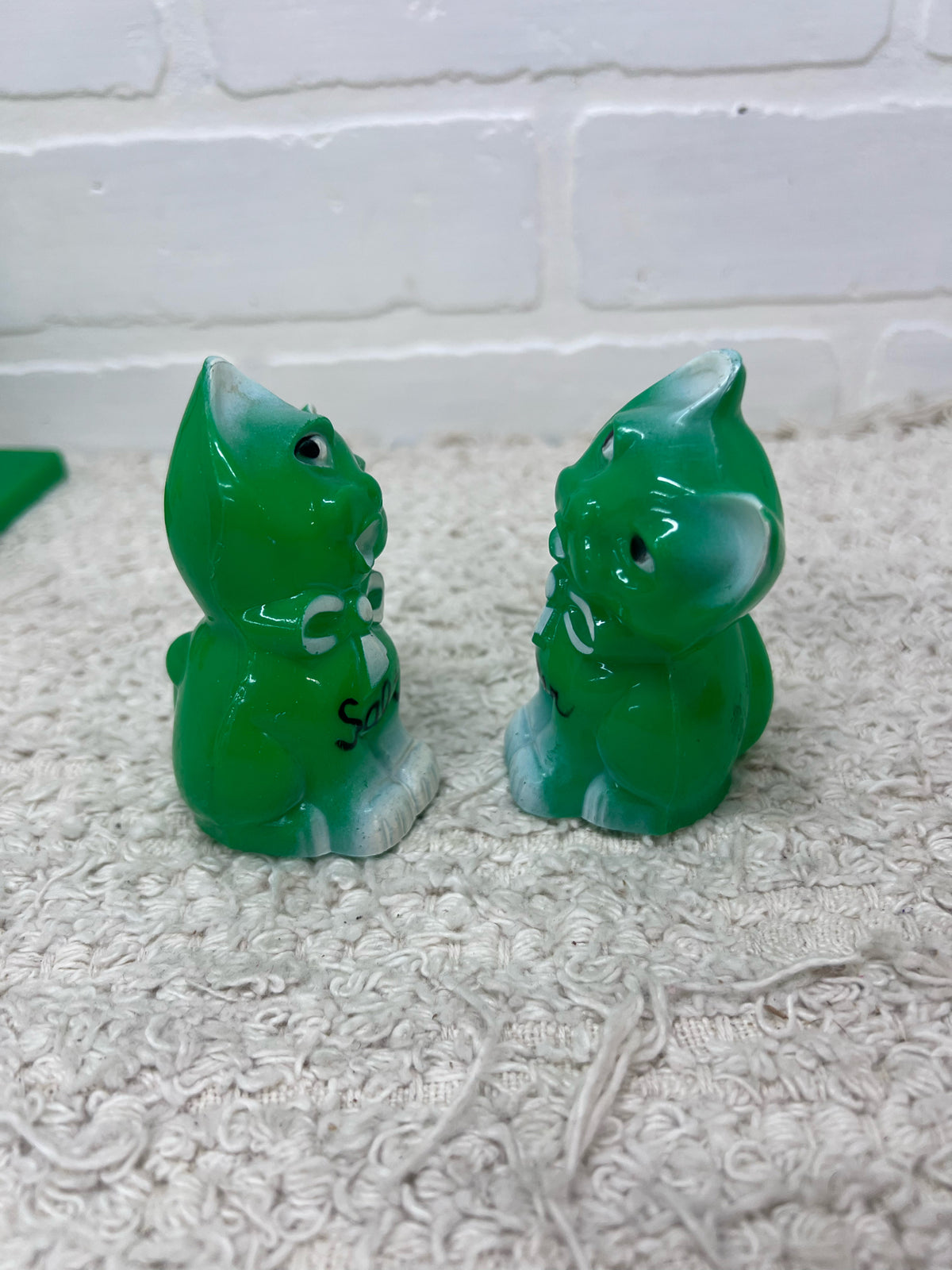 Green Plastic Kitty Vintage Salt & Pepper Shakers w/ Original Stand