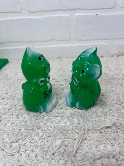 Green Plastic Kitty Vintage Salt & Pepper Shakers w/ Original Stand