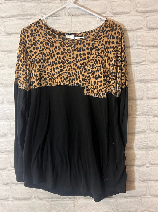 Leopard and Black Long-Sleeved Tee with Pocket