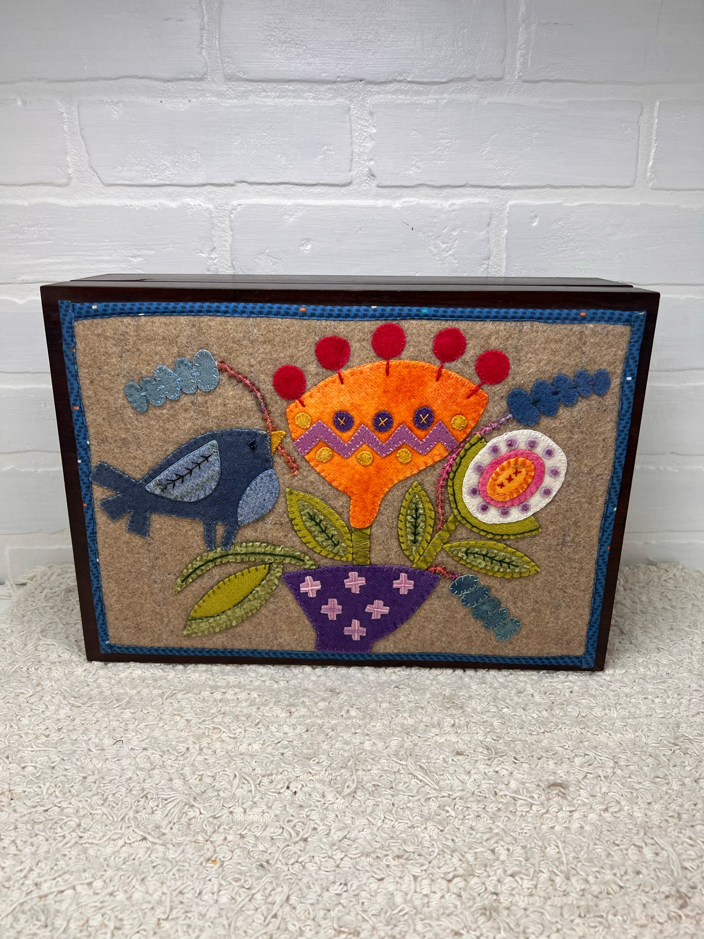 Vintage Custom Wood Sewing Box with Felt Top Bird/Floral Design
