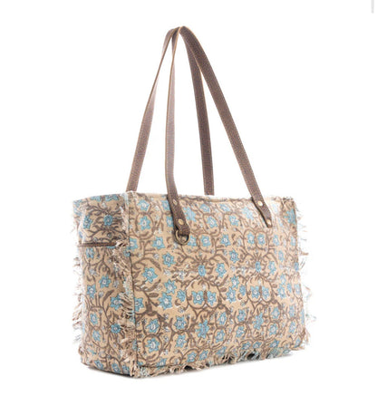 Myra Bag San Ysidro Falls Small Tote Bag – Floral Canvas & Leather Handbag with Frayed Edges and Zipper Pocket, 14"x10", Women’s Boho Everyday Bag
