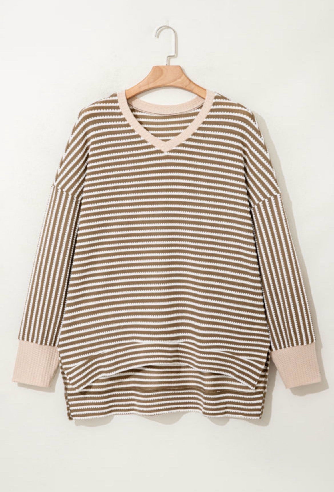 Khaki Stripe Textured Dolman Sleeve High Low Top Sizes 1X - 2X - 3X