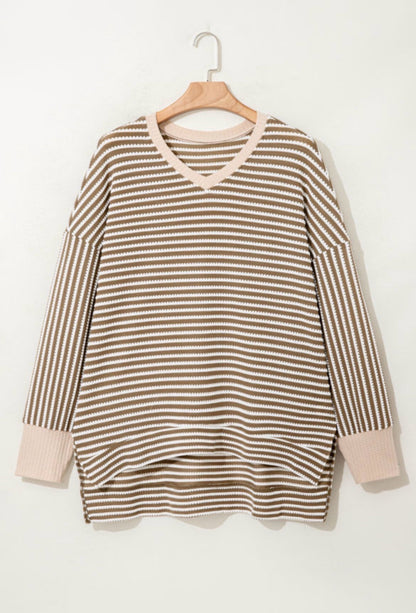 Khaki Stripe Textured Dolman Sleeve High Low Top Sizes 1X - 2X - 3X