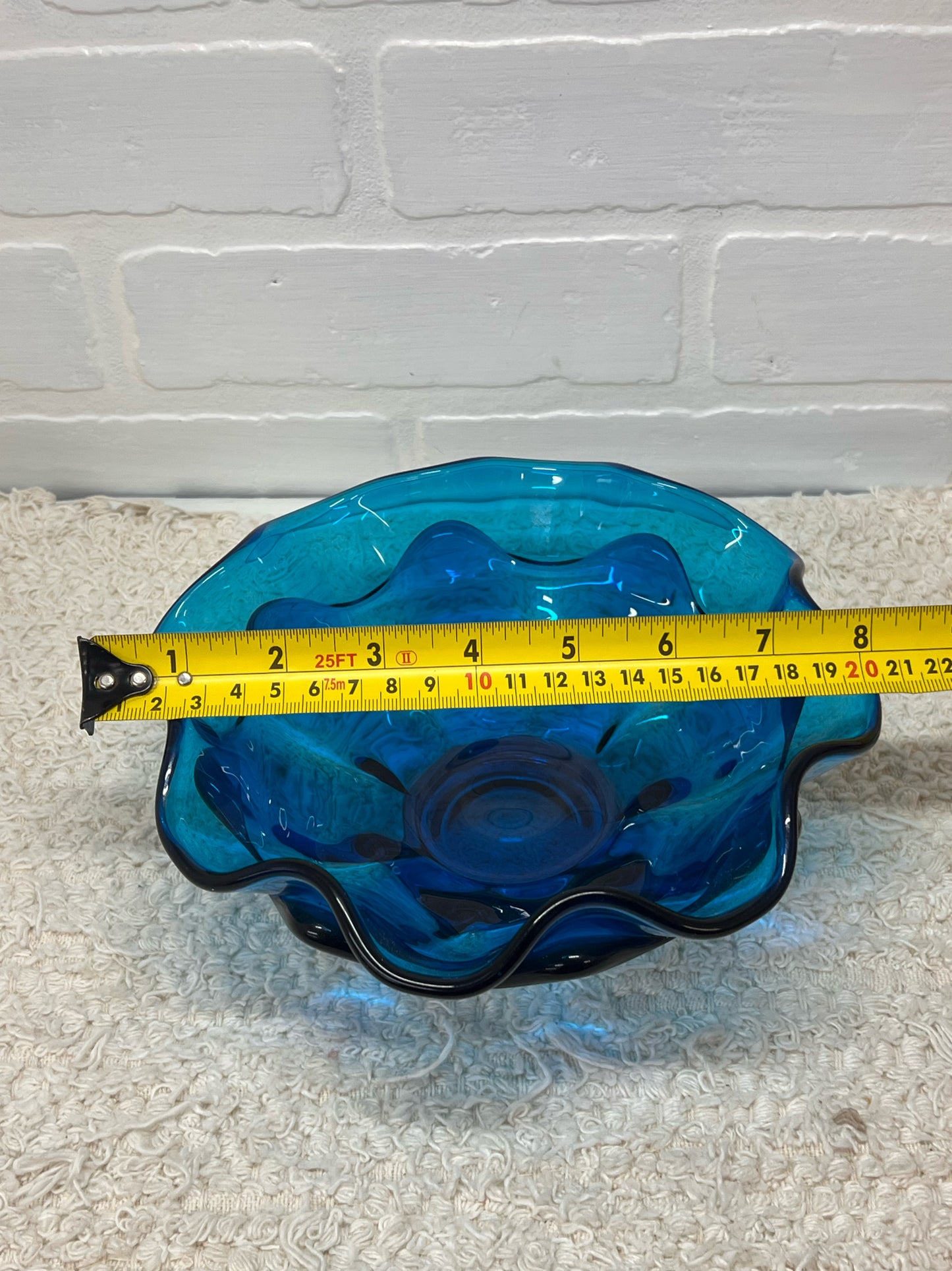 Viking Glass MCM Double Ruffle Blue Blown Glass Bowl