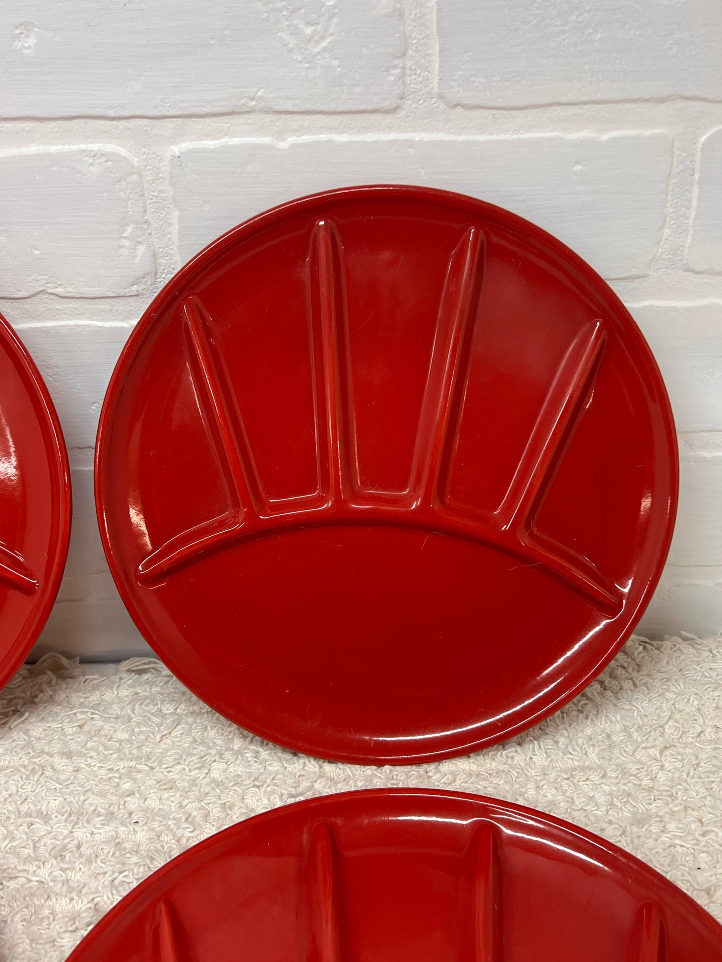 Set of 4 Vintage Red Enamelware Plates - Divided