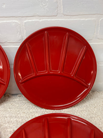 Set of 4 Vintage Red Enamelware Plates - Divided