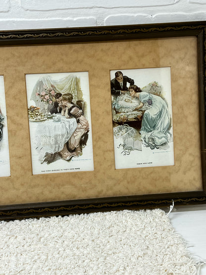 Framed vintage 'Six Stages of Love' postcard series