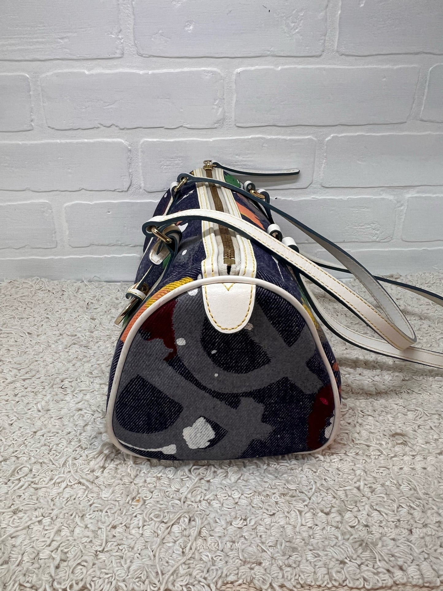 Dooney & Bourke Y2K Era Denim Paint Spatter Barrel Bag w/ Leather Trim