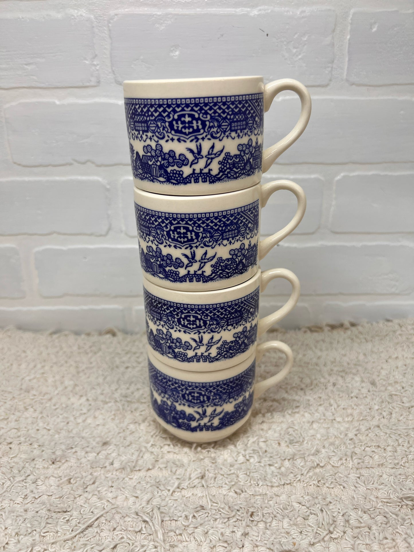 Vintage Mug Set - Four Blue Willow Stackable Mugs