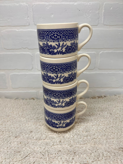 Vintage Mug Set - Four Blue Willow Stackable Mugs