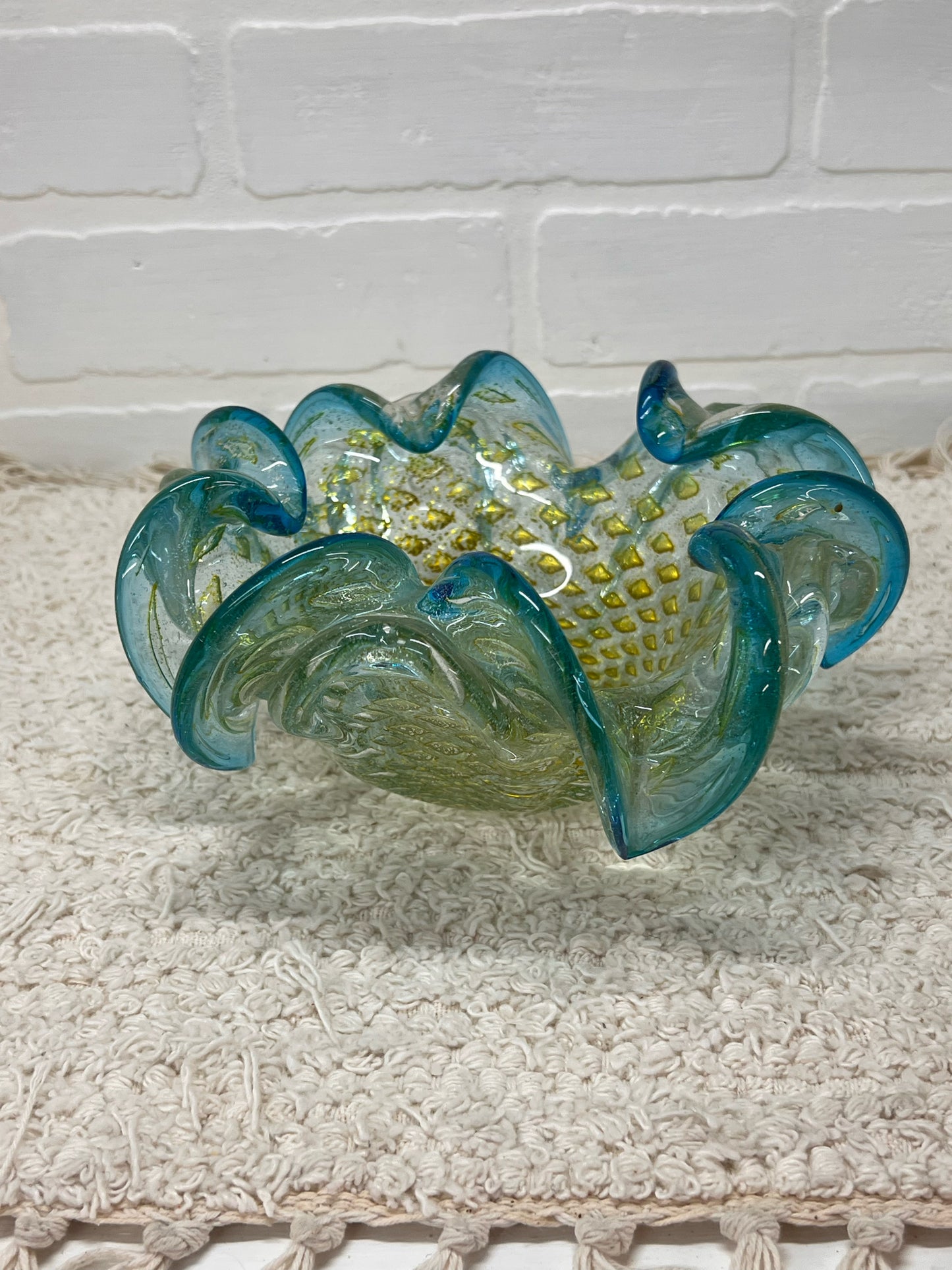 Murano/Murano Style Bollinato Blue & Gold Art Glass Bowl