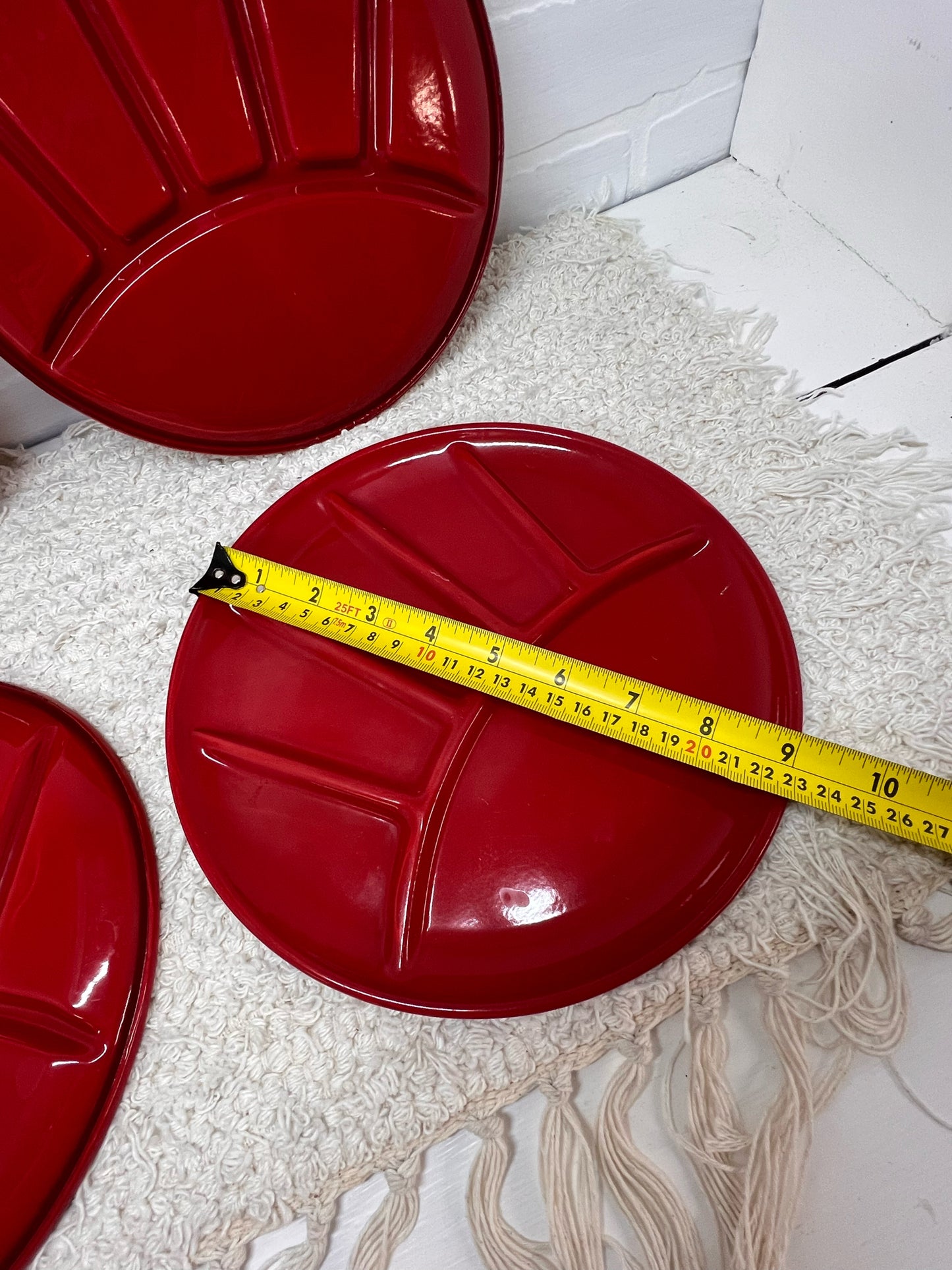 Set of 4 Vintage Red Enamelware Plates - Divided