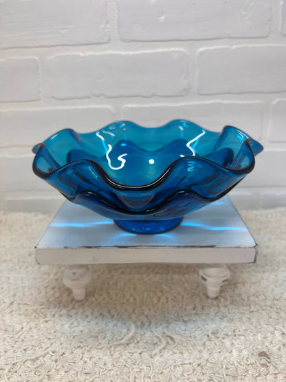 Viking Glass MCM Double Ruffle Blue Blown Glass Bowl