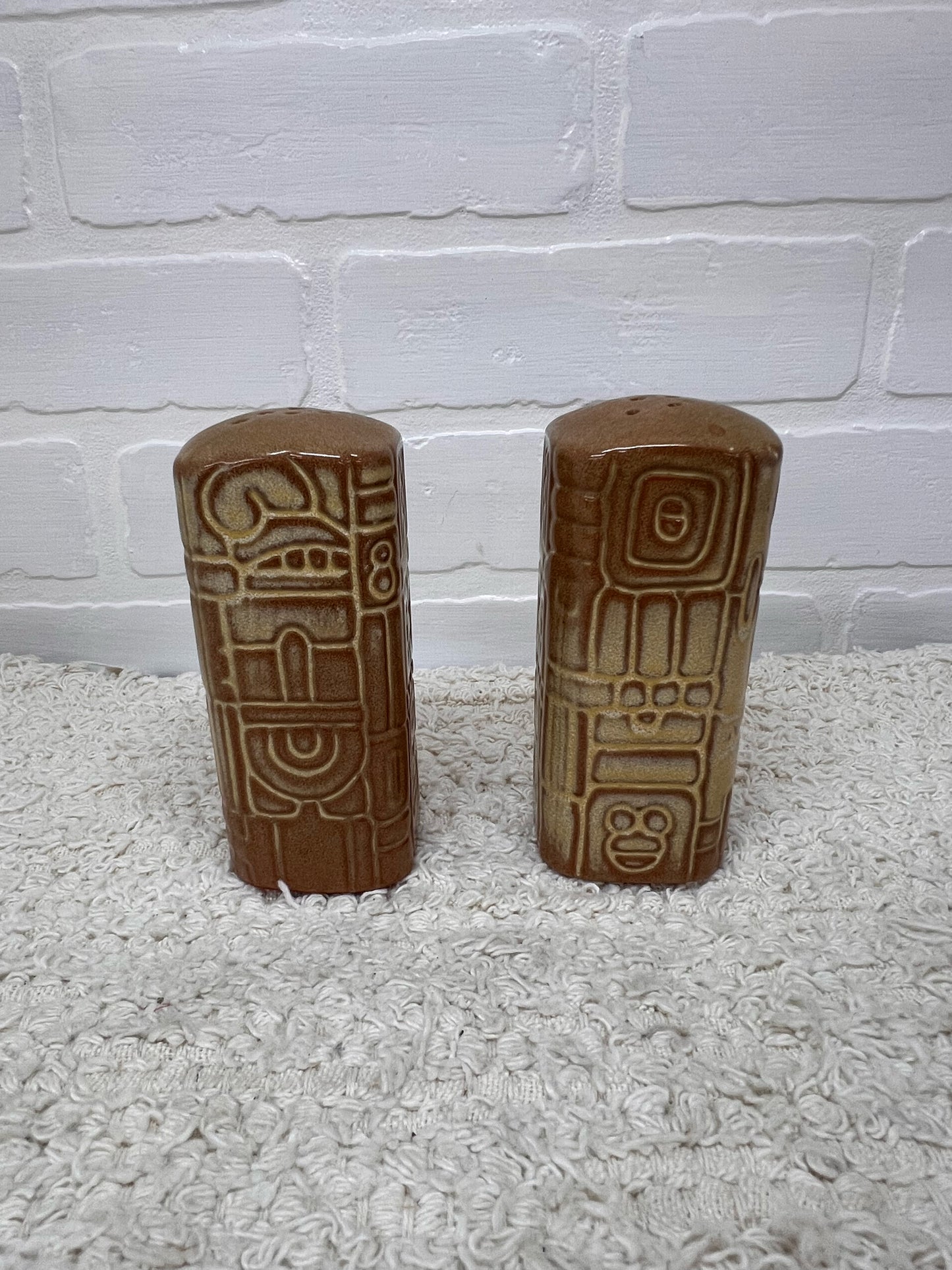 Frankoma Pottery Salt & Pepper Shaker Set in Aztec Mayan Pattern