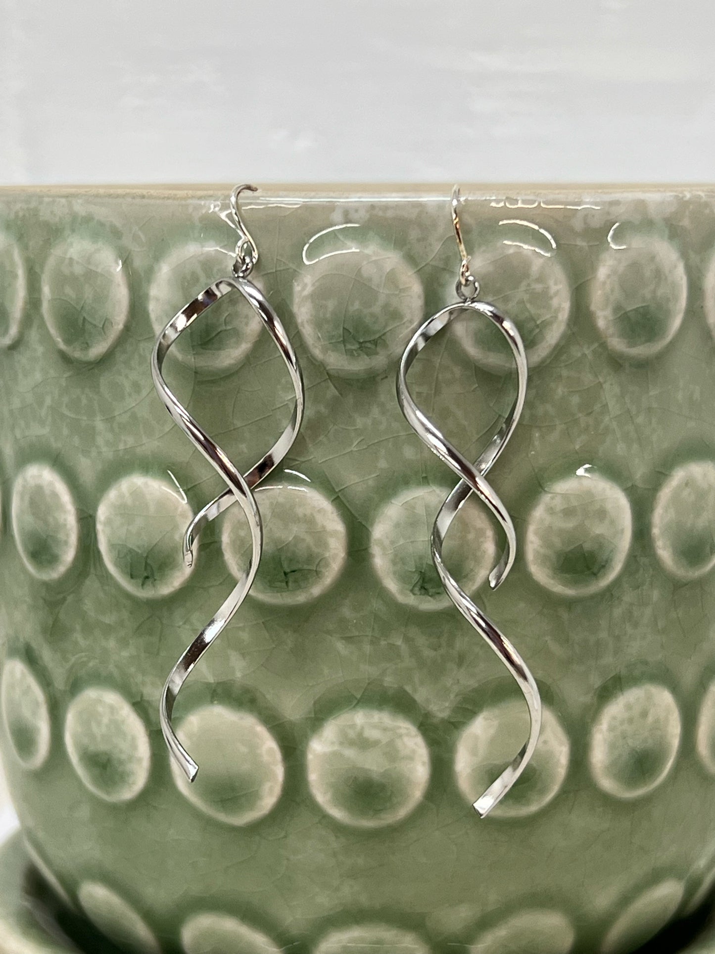 Raven & Rain Twisted Stainless Steel Earrings - Silver Dangle, 2.5"