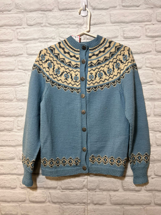 Size S Norway Design Blue, White & Gray Fair Isle Knit Wool Cardigan