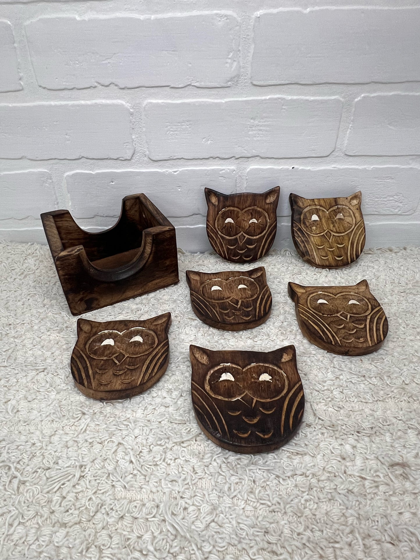 Vintage Wood Owl Coaster Set - Made in India - 6 coasters in box