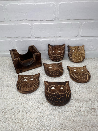 Vintage Wood Owl Coaster Set - Made in India - 6 coasters in box