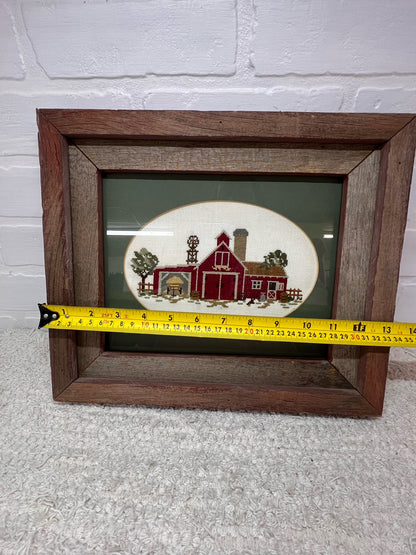 Vintage Framed Cross Stitch Barn in Barnwood Frame