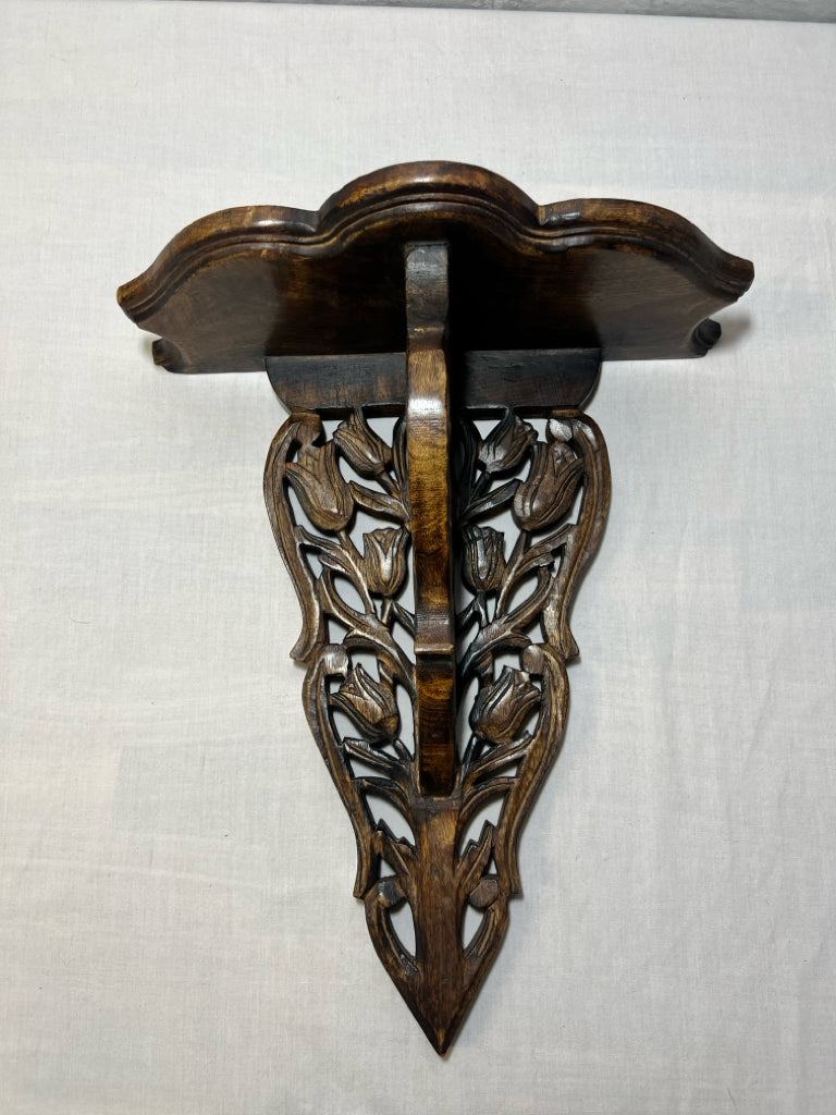 Hand carved wood shelf w/ tulip detail